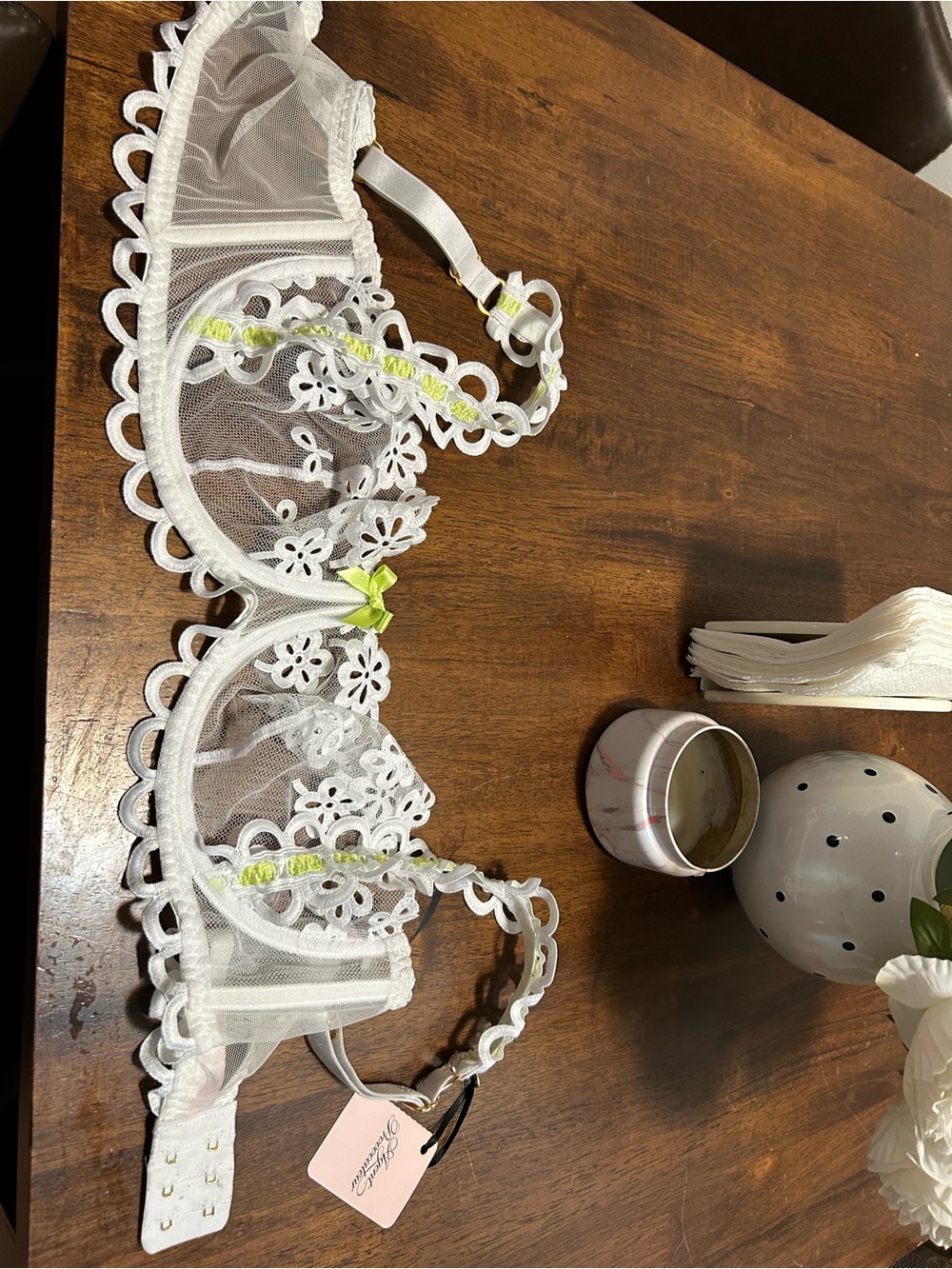 Agent Provocateur White Floral Embroidered Sheer Bra with Lime Accents